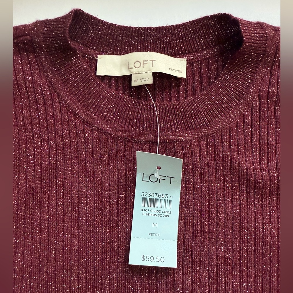 NWT LOFT Puff Sleeve Shimmer Sweater Maroon Size M Petite - Picture 6 of 8